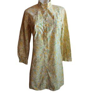 Medium Vintage 60s Mod Floral Long Sleeve Tunic Shirt Dress Sunflower Print